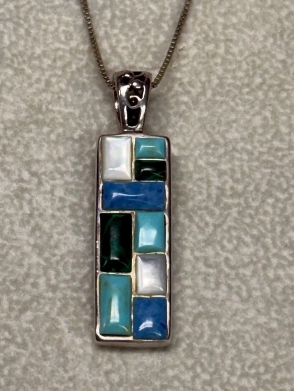 Sterling Silver Malachie ,MOP Malachite Pendant Necklace 19"